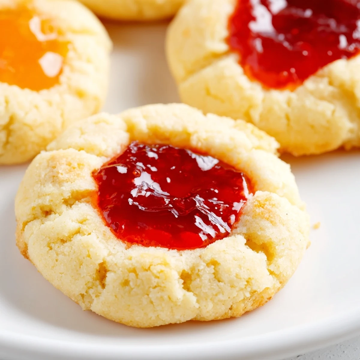 Batch of homemade fruity thumbprint cookies with jewel-colored centers cooling on wire rack