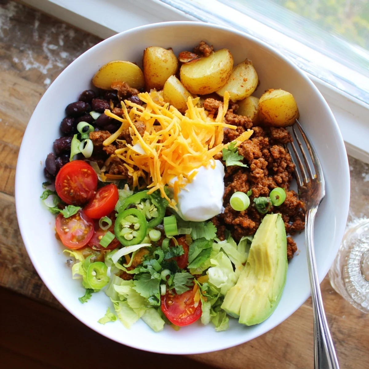 Golden roasted potatoes and seasoned ground beef layered with fresh toppings in a loaded potato taco bowl