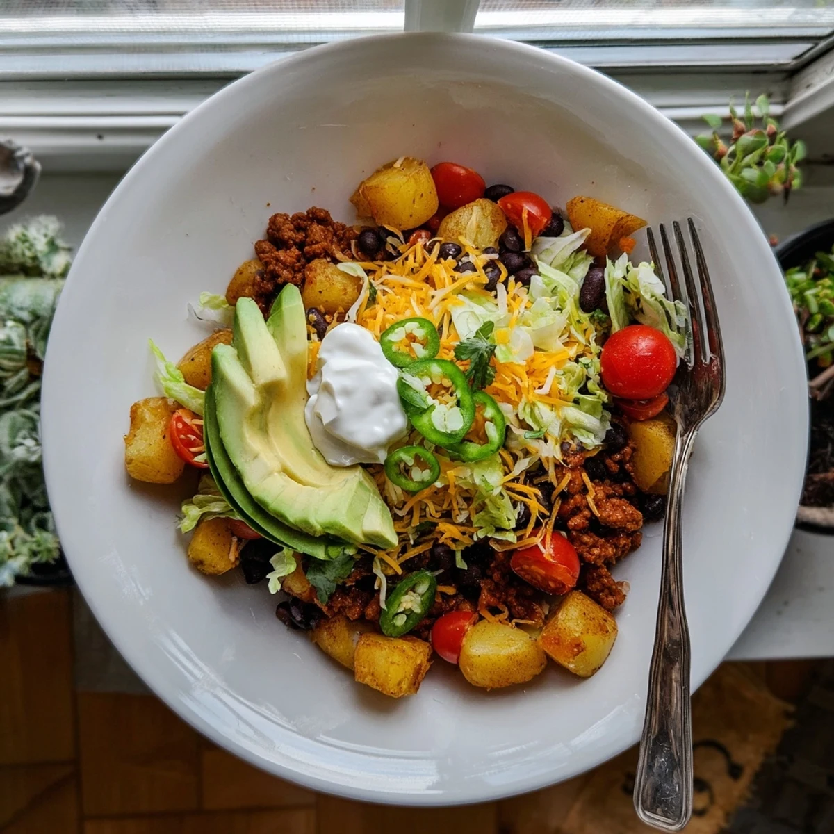 Hearty loaded potato taco bowl featuring crispy potatoes taco meat melted cheese and colorful garnishes