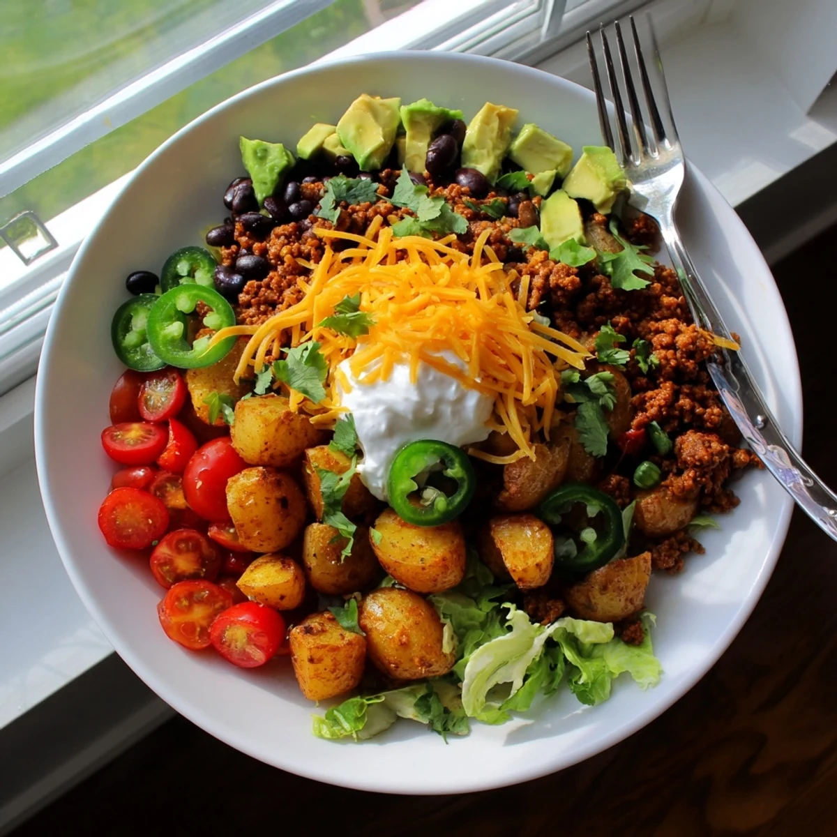 Vibrant loaded potato taco bowl arranged with seasoned beef crisp potatoes avocado and zesty toppings