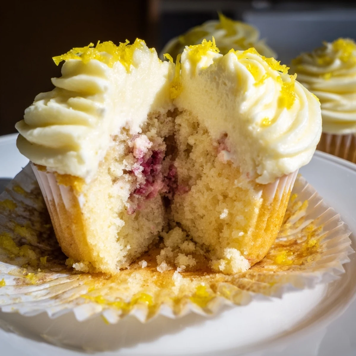 Freshly baked moist lemon cupcakes with tangy raspberry centers and creamy lemon frosting