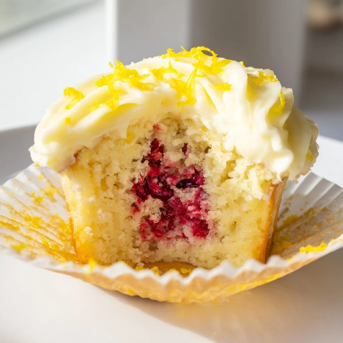 Golden lemon cupcakes topped with fluffy buttercream and filled with sweet raspberry preserves