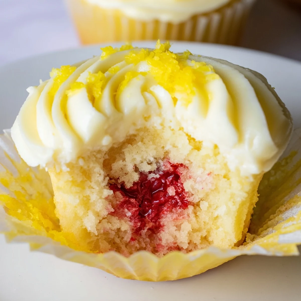 Zesty lemon cupcakes with hidden raspberry jam filling and swirls of luscious buttercream