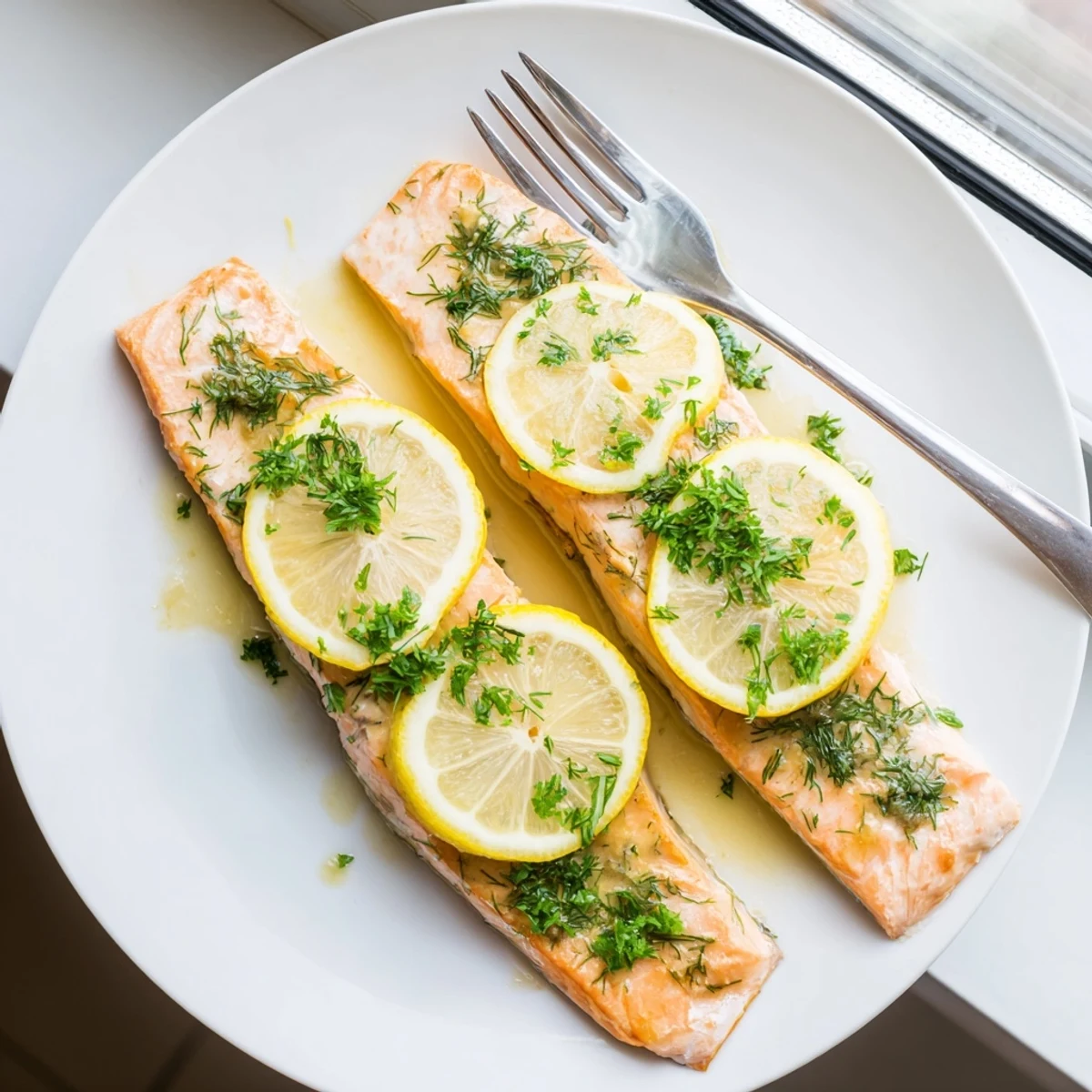 Golden baked salmon fillets glazed with lemon garlic butter and fresh dill on a white plate
