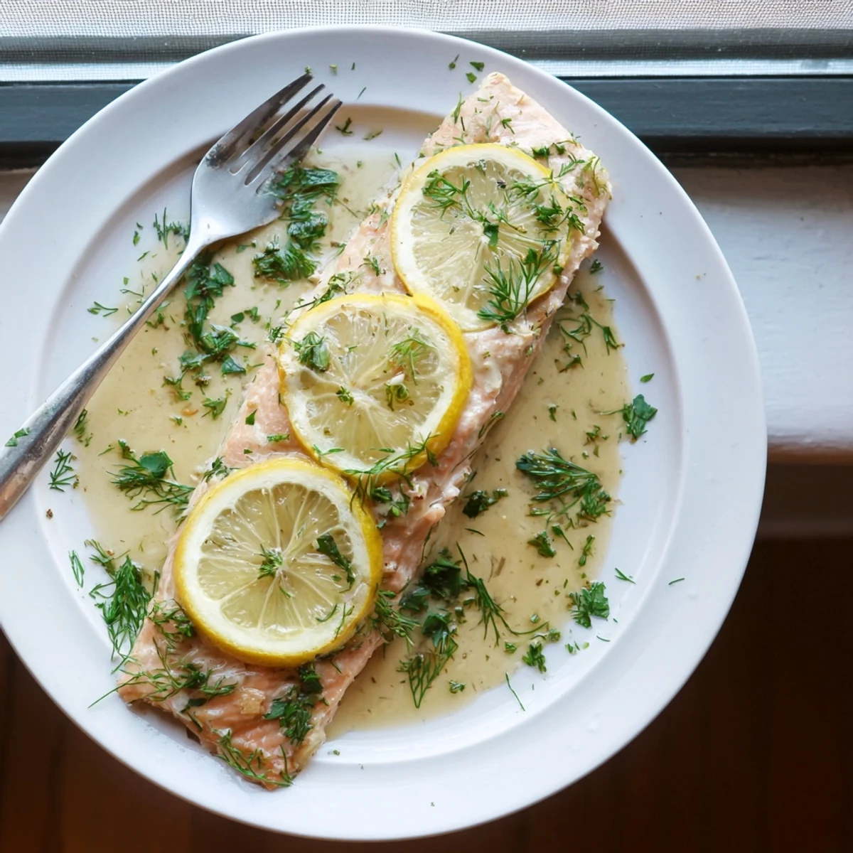 Tender oven roasted salmon with lemon slices and garlic herb butter ready for a healthy dinner