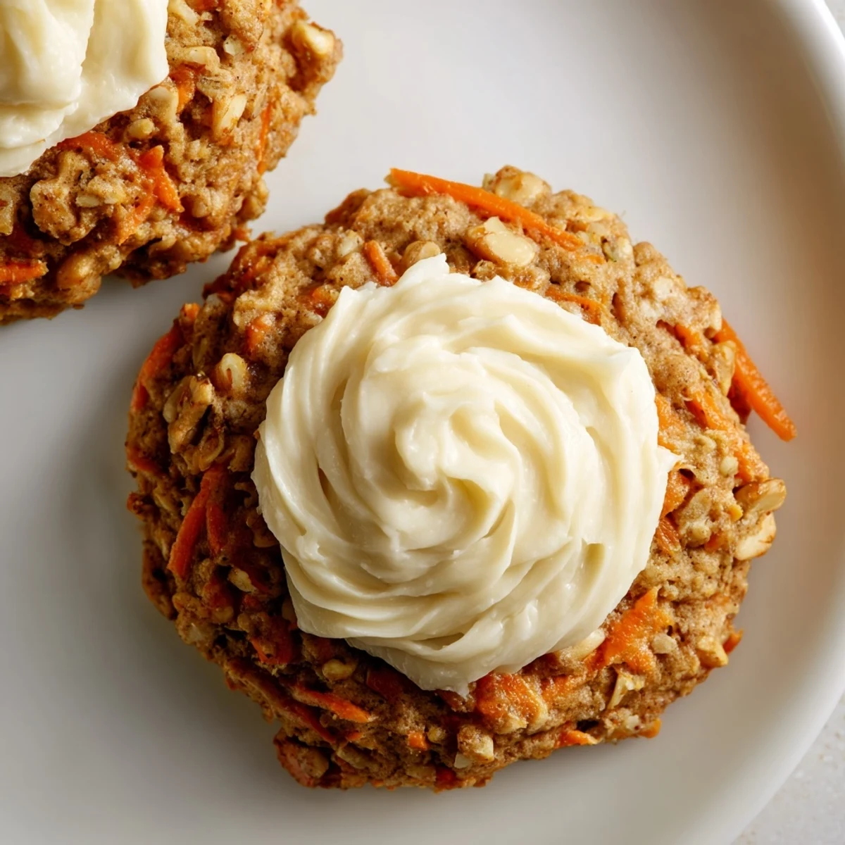Soft carrot cake cookies topped with creamy white frosting and chopped walnuts