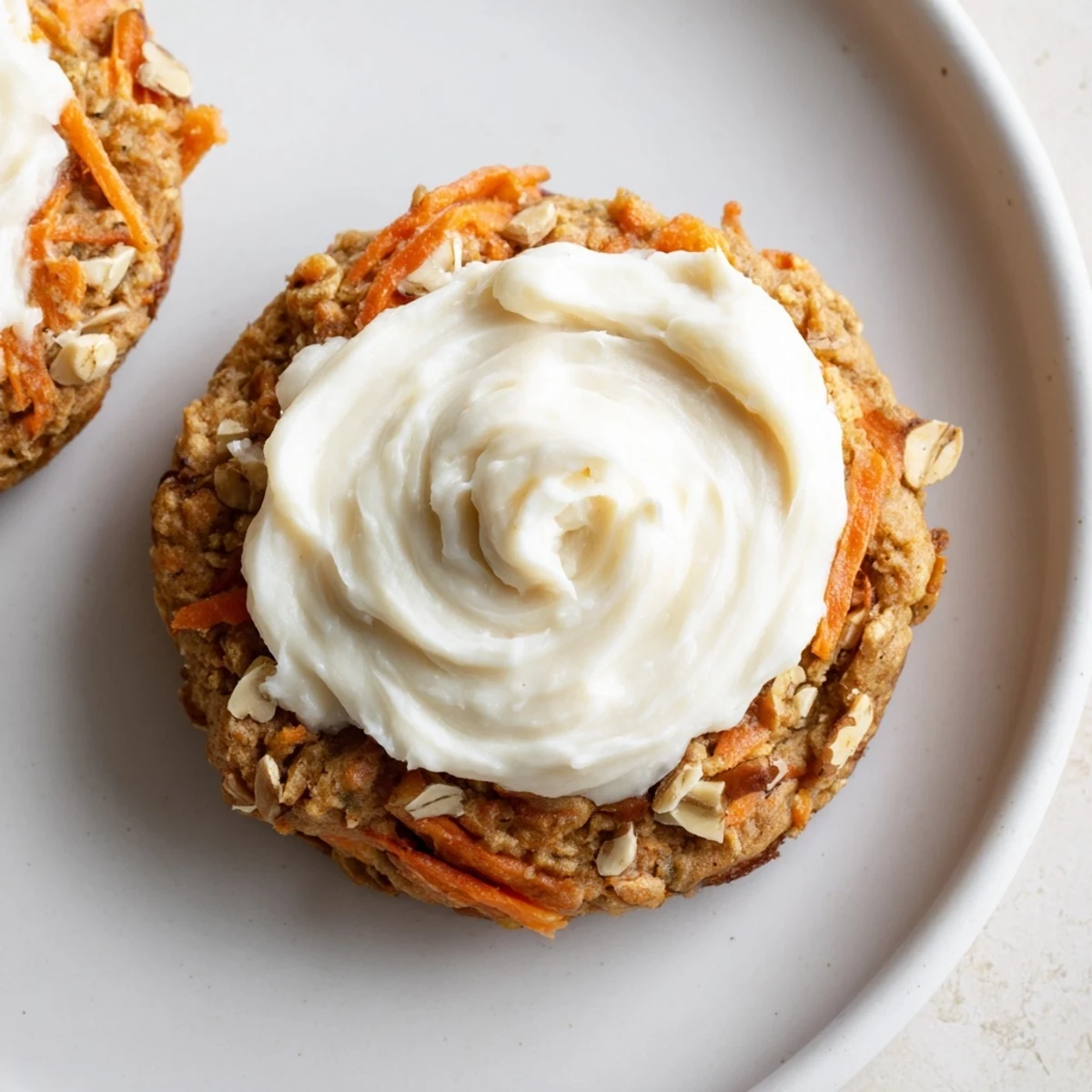 Golden spiced carrot cake cookies spread with tangy cream cheese frosting on a plate