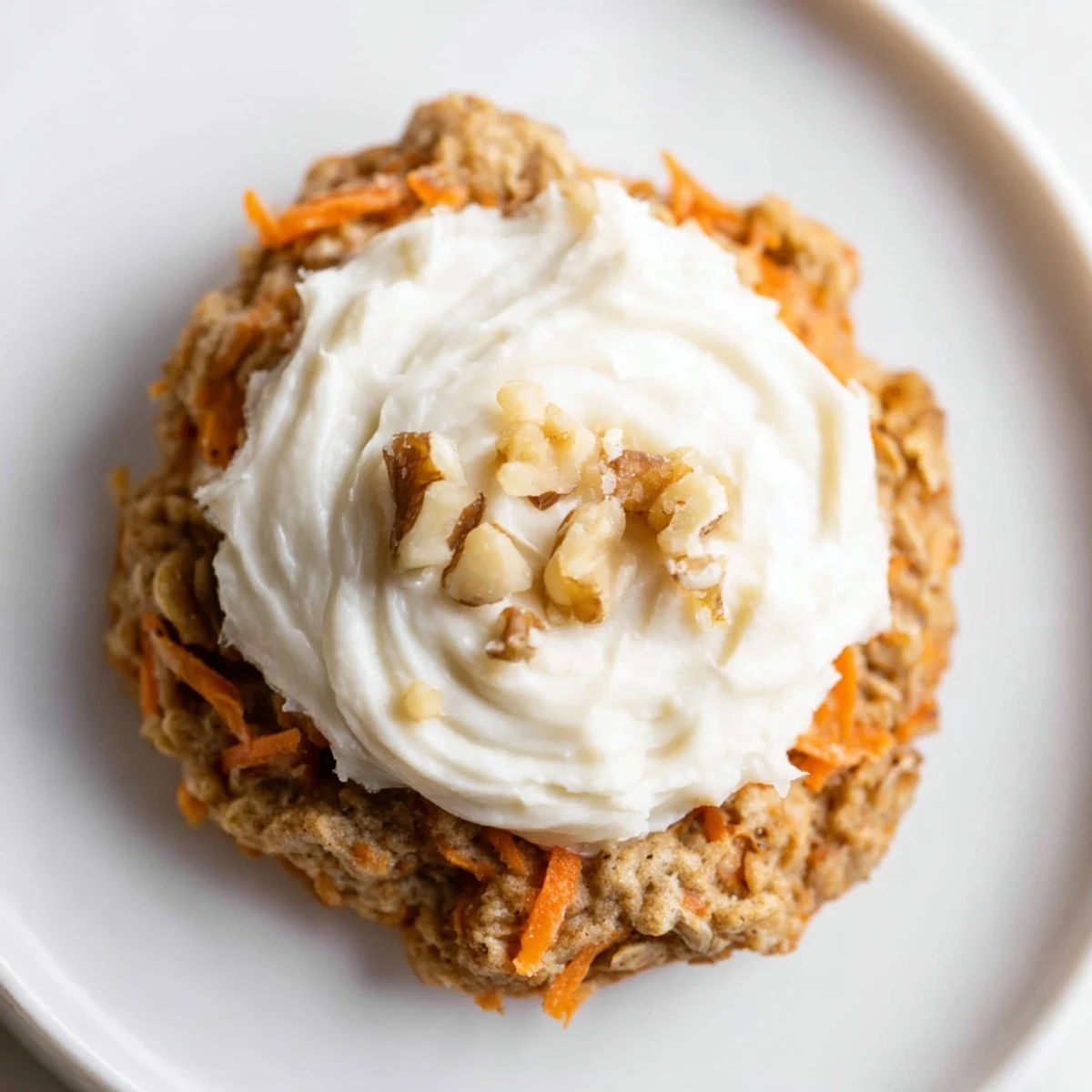 Freshly baked carrot cake cookies with fluffy frosting and grated carrot visible inside