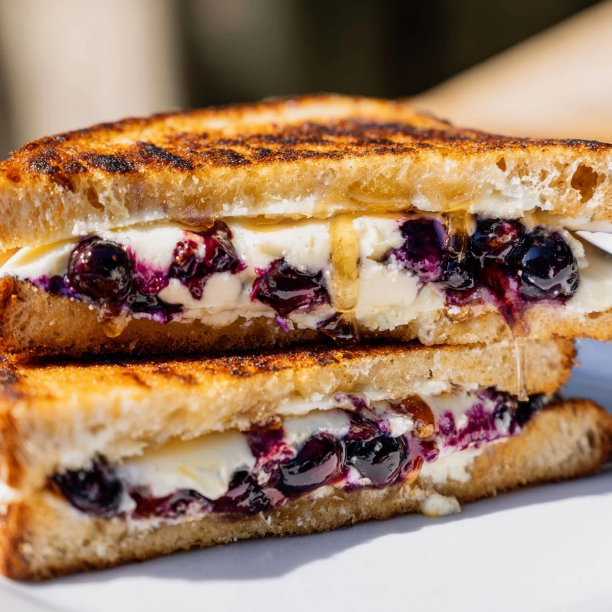 Sliced blueberry grilled cheese showcasing oozing melted cheese and plump blueberries between buttery toasted slices