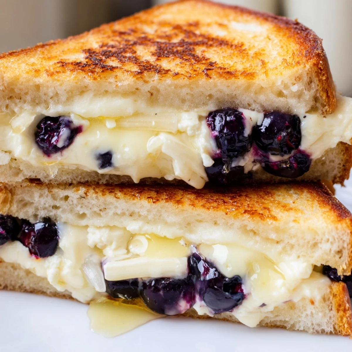 Golden blueberry grilled cheese sandwich with melted cheddar and juicy berries on sourdough bread