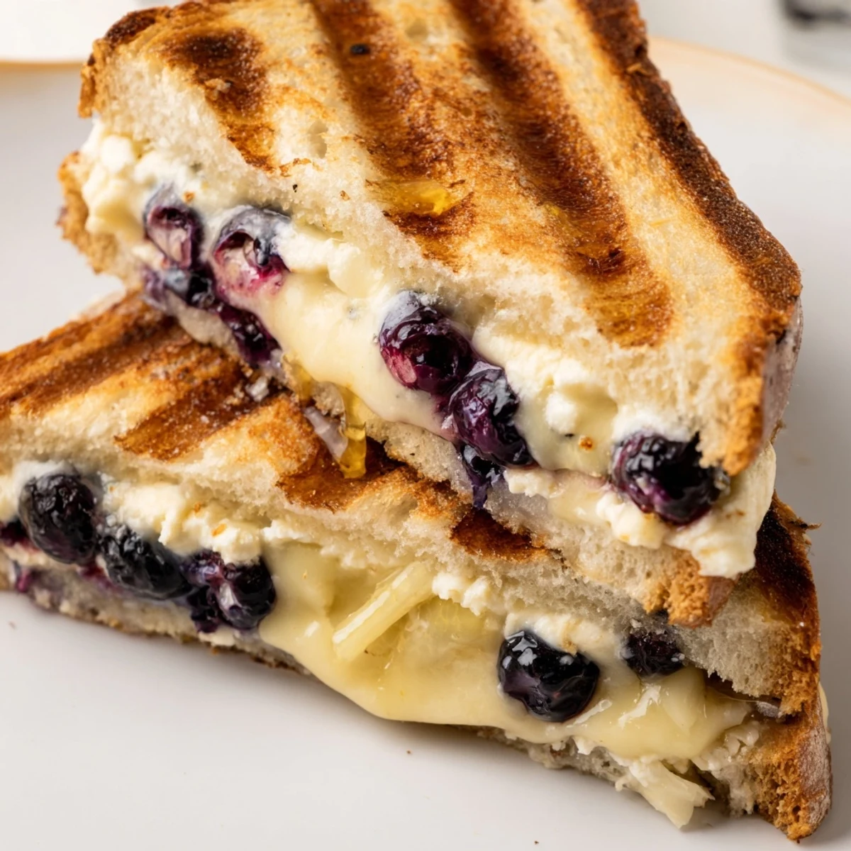 Sweet and savory blueberry grilled cheese cut diagonally displaying blueberry and cheese layers inside