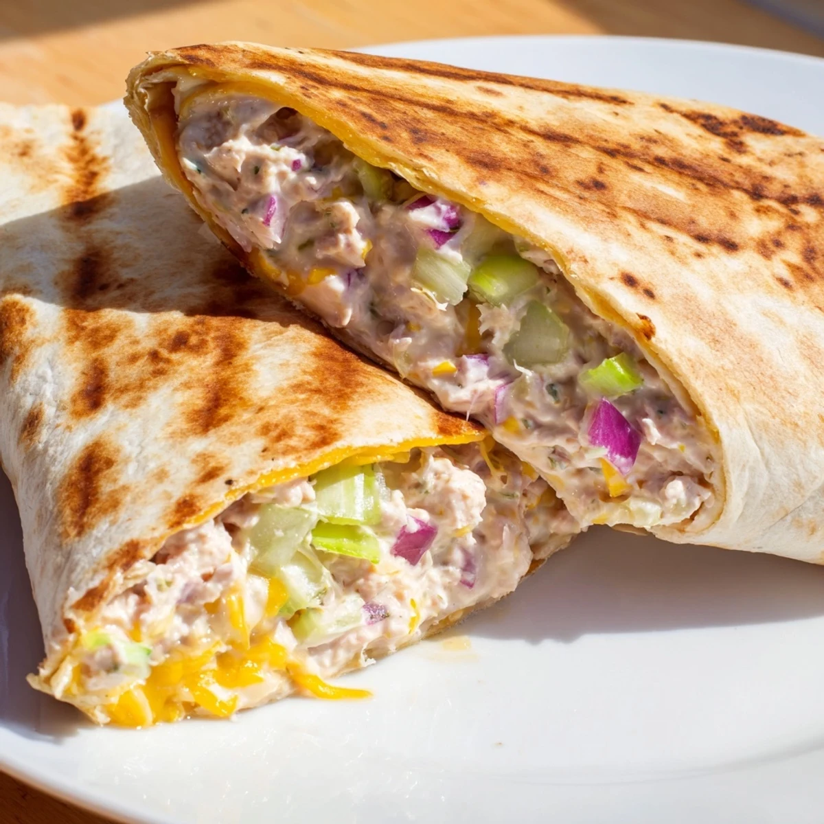 Sliced tuna melt wrap revealing creamy tuna salad and melted cheese layers inside