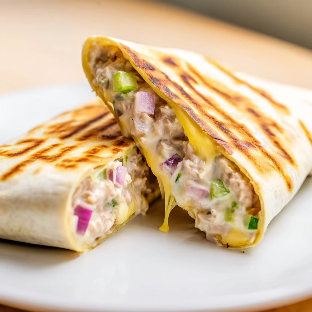 Pan-fried tuna melt wrap cut in half displaying golden exterior and cheesy filling