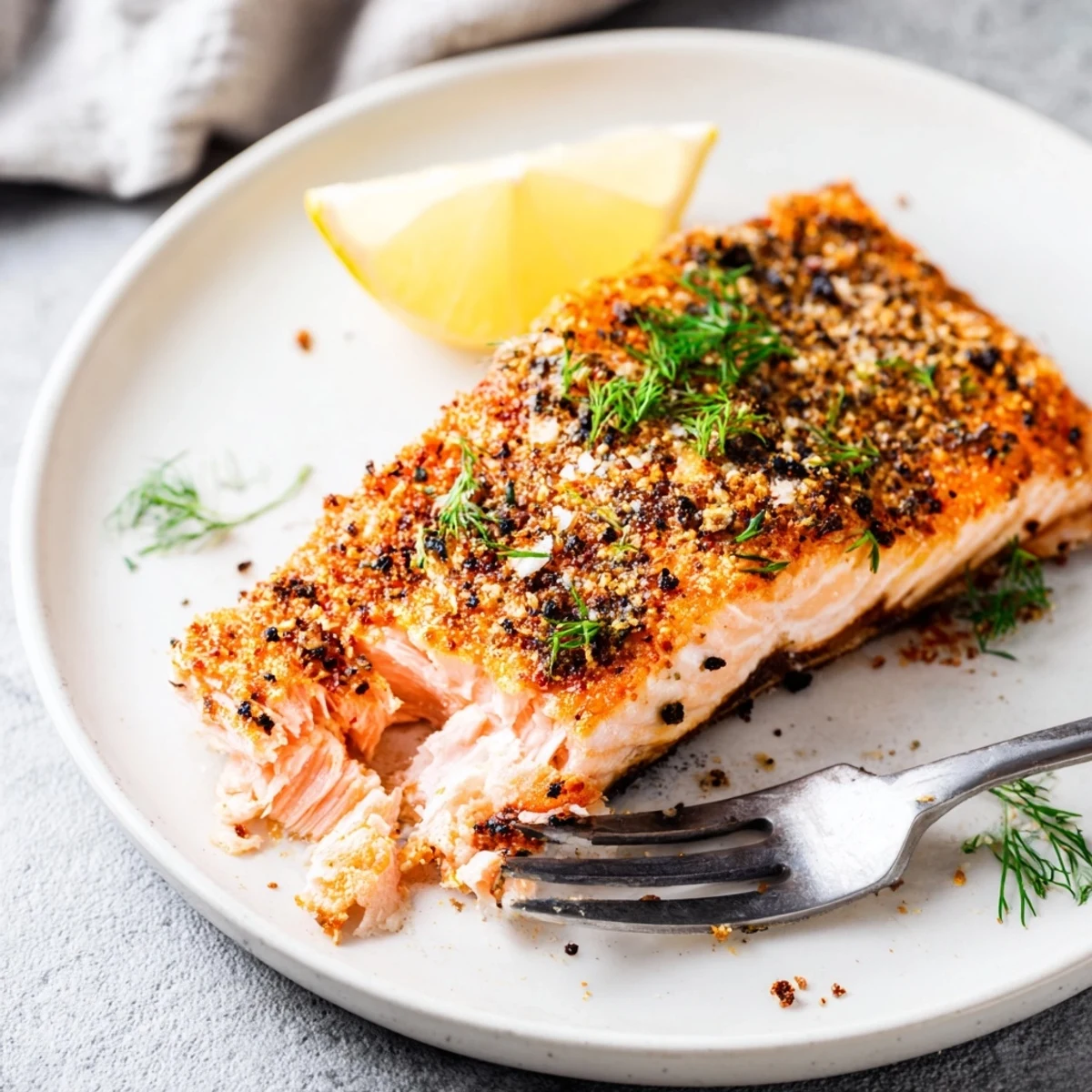 Perfectly cooked air fryer salmon garnished with fresh dill and lemon wedges on plate