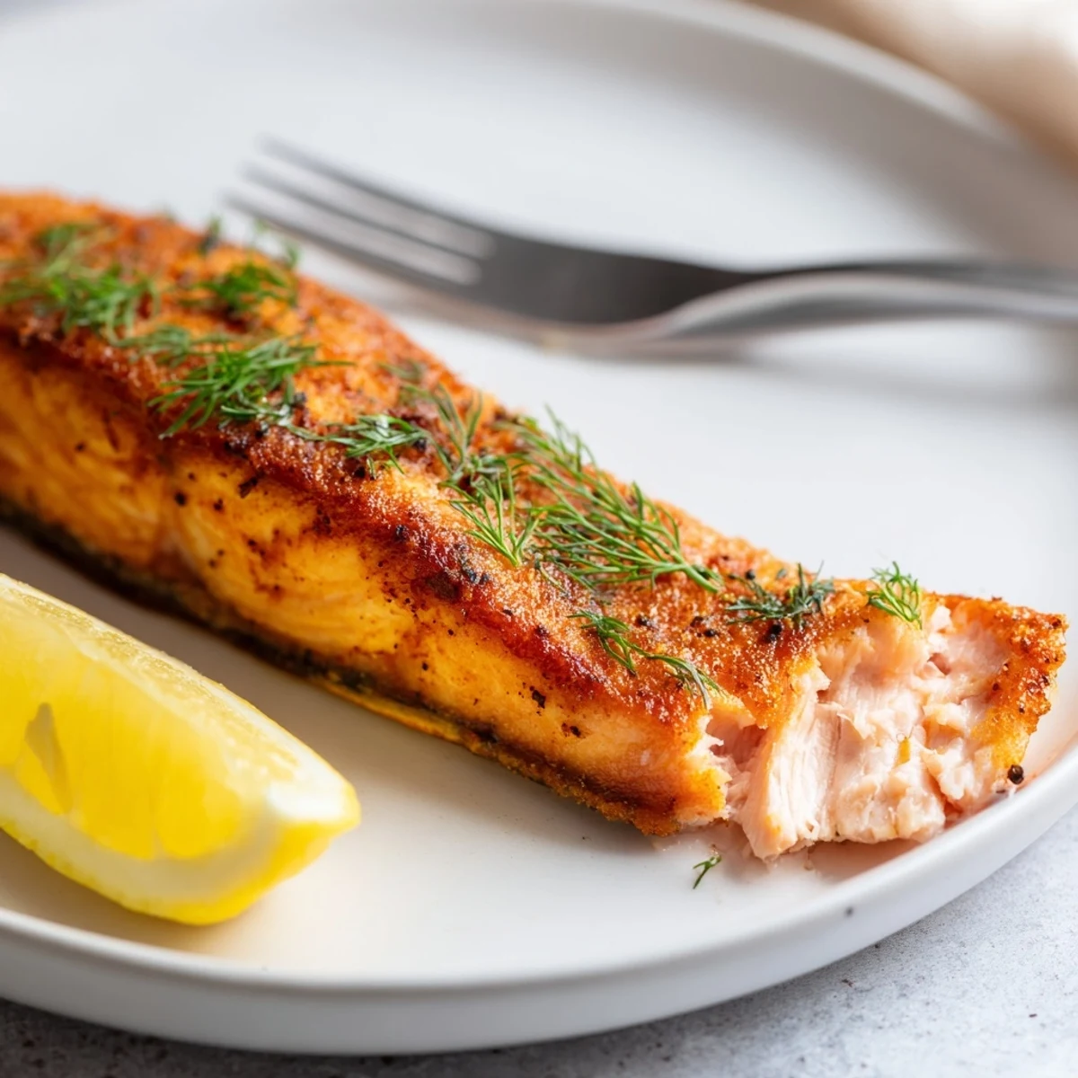 Golden air fryer salmon fillets with crispy seasoned edges and tender flaky texture