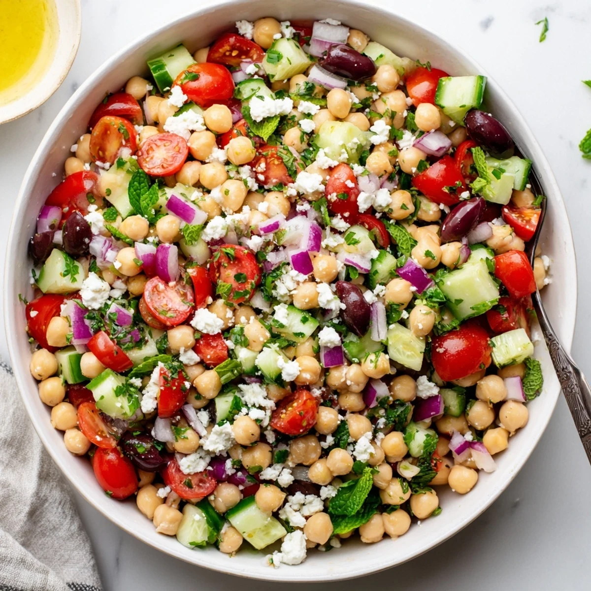 Colorful Mediterranean chickpea salad with fresh vegetables and tangy lemon dressing in a white bowl