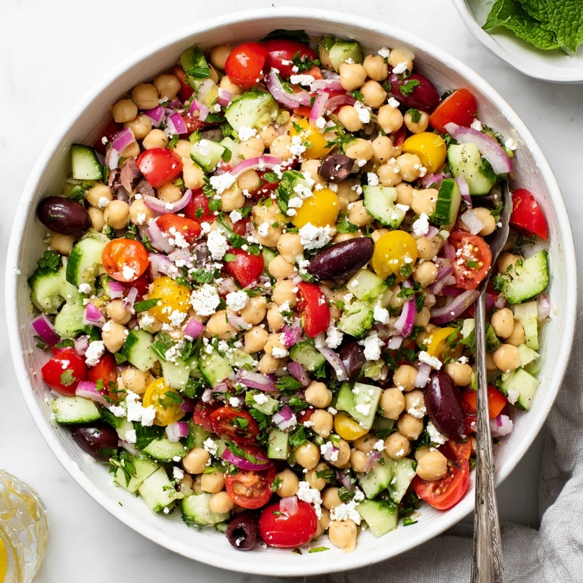 Close-up of protein-packed chickpea salad featuring crisp cucumbers, cherry tomatoes, olives, and parsley on a rustic wooden table
