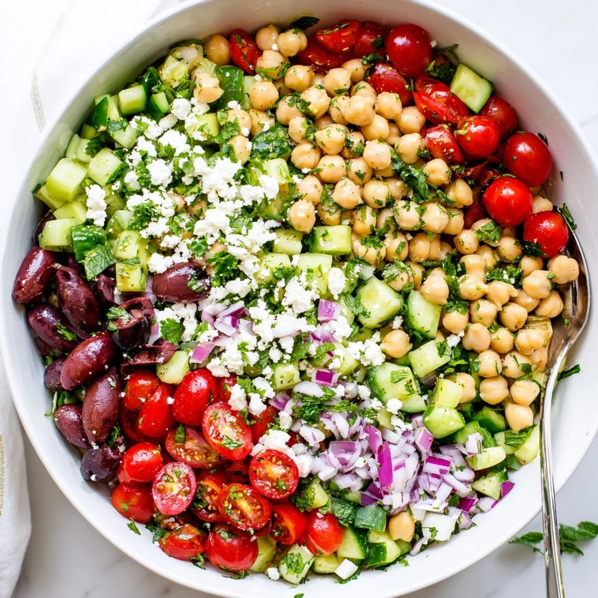 Refreshing Mediterranean chickpea salad tossed with zesty herbs and olive oil, perfect for healthy lunch or dinner