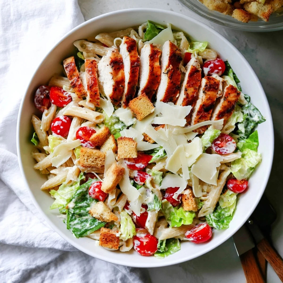 Golden chicken slices atop pasta and crisp romaine tossed in creamy Caesar dressing