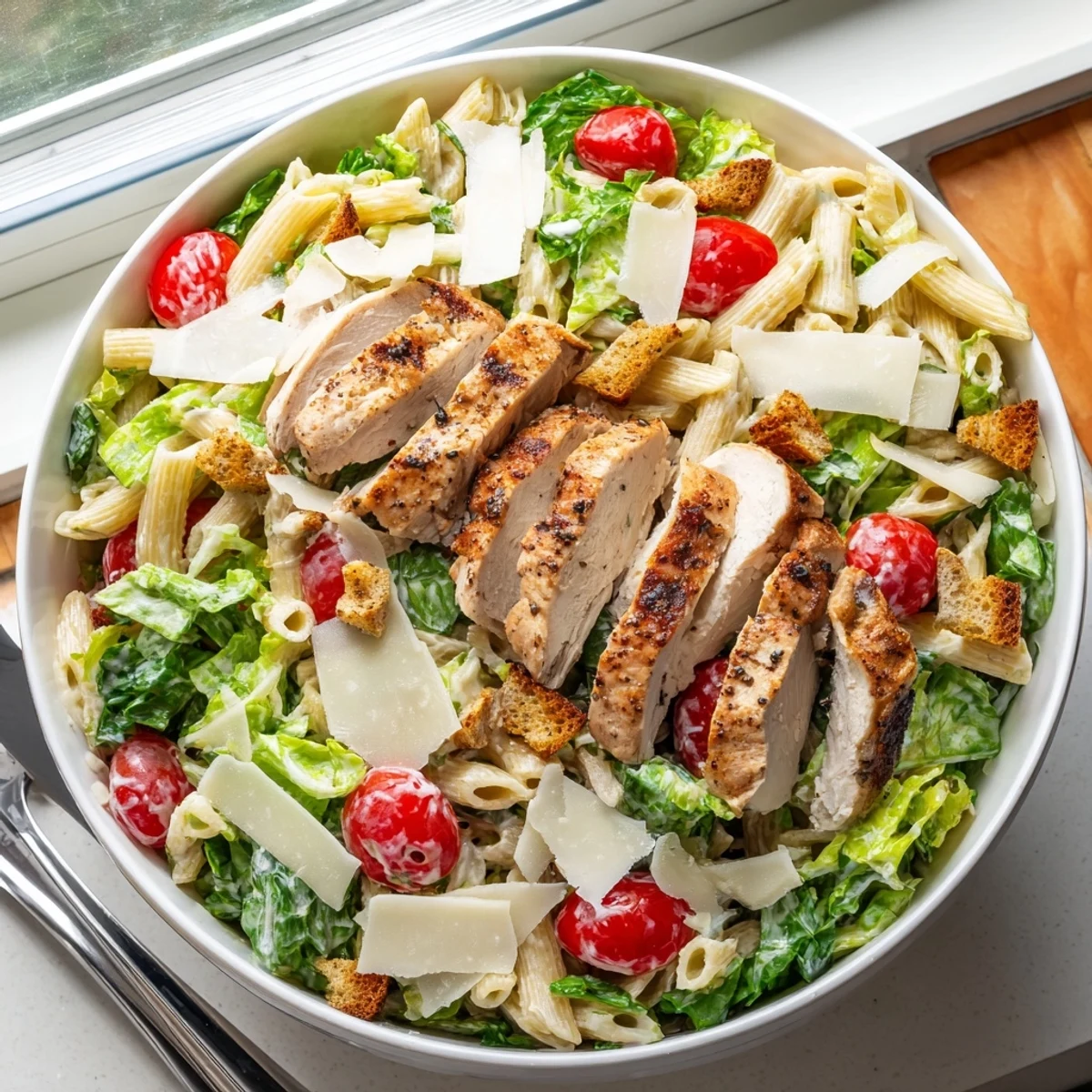 Savory Caesar pasta salad featuring grilled chicken, croutons, and fresh Parmesan cheese shavings