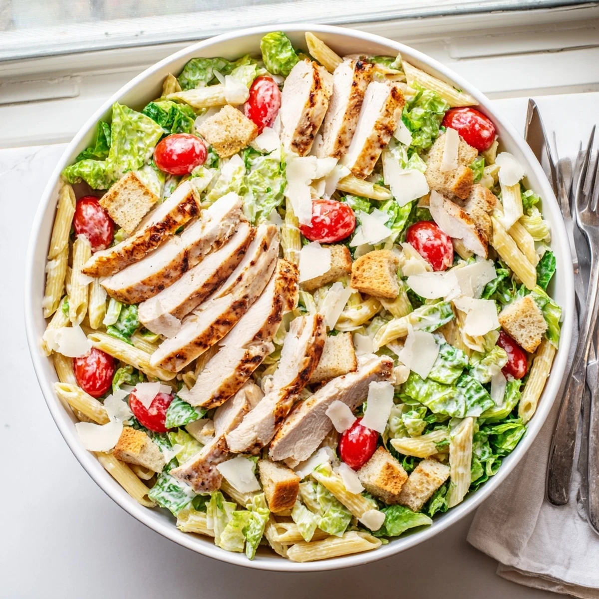 Italian-American chicken Caesar pasta salad with cherry tomatoes and homemade dressing coating al dente noodles