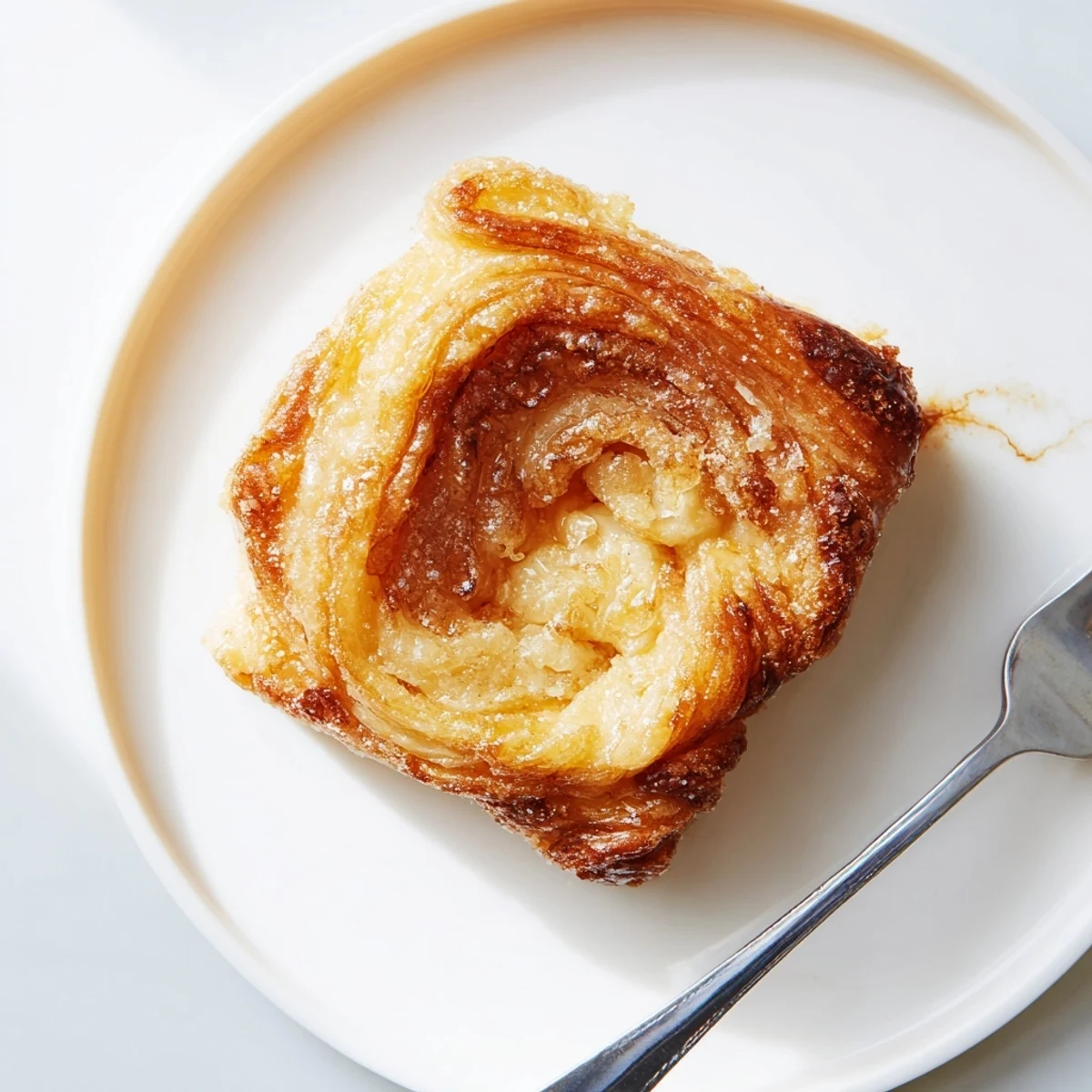 Golden caramelized Kouign Amann pastry with crisp sugar crust and buttery flaky layers