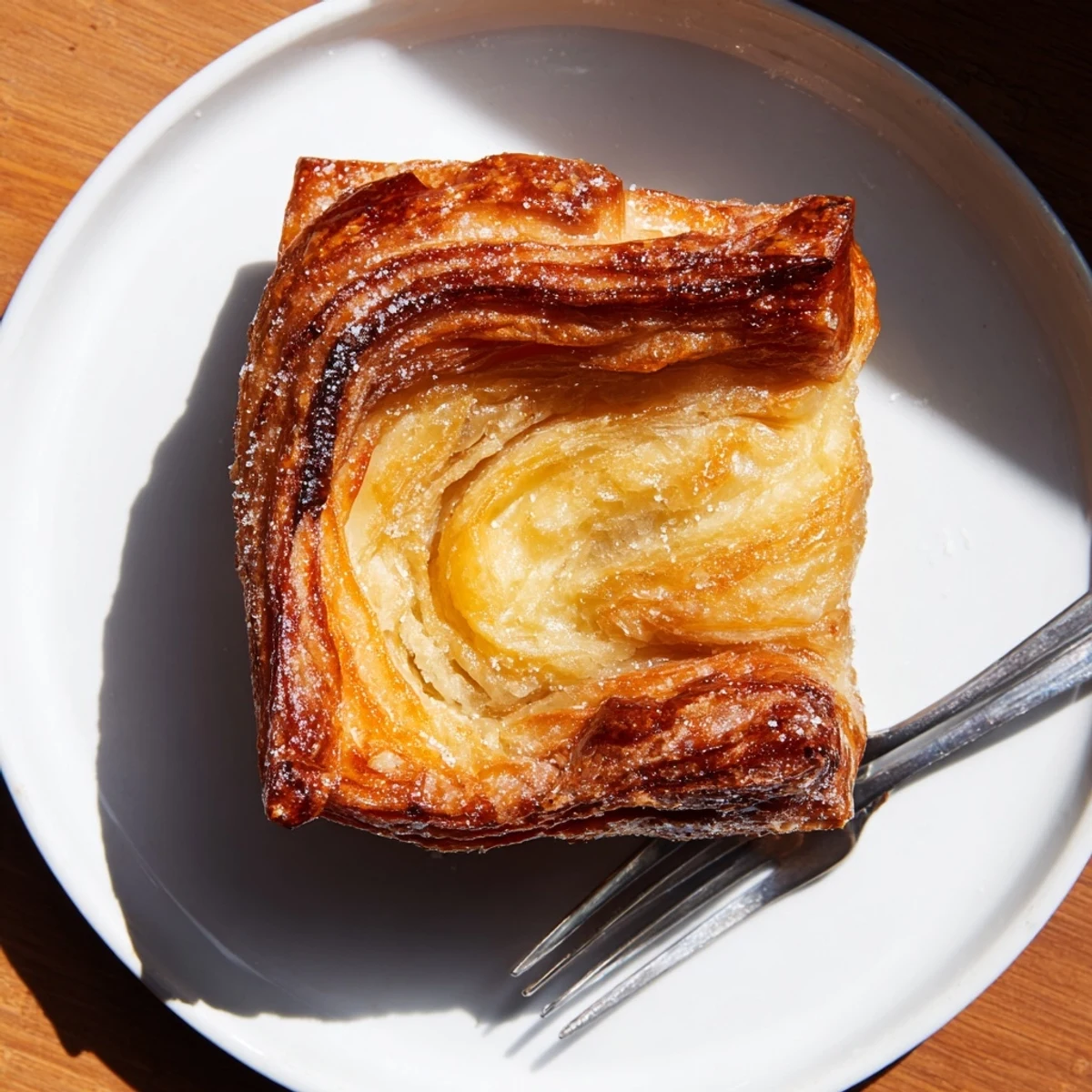 Freshly baked French Kouign Amann displaying deep golden caramelization and tender laminated dough interior