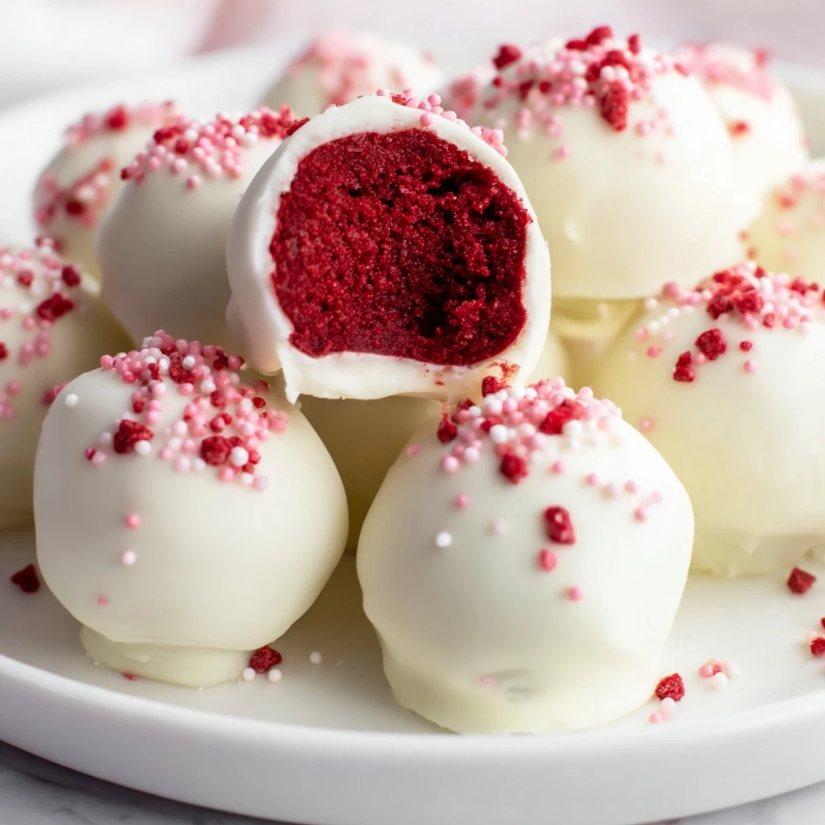 Bite-sized red velvet cake truffles coated in smooth white chocolate with colorful sprinkles