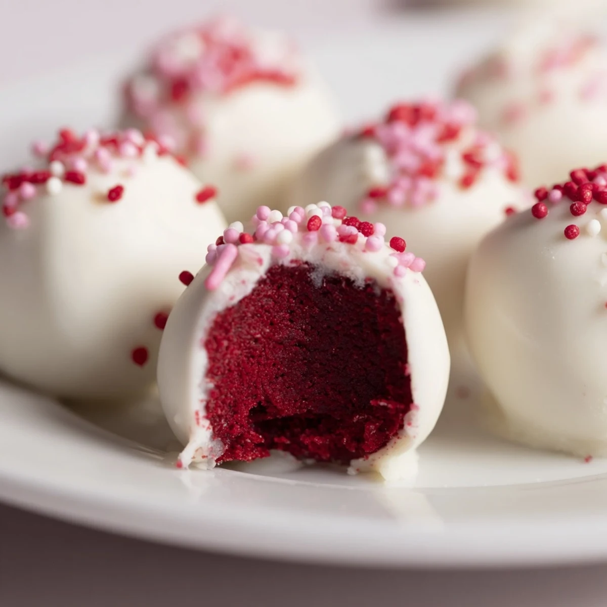 Decadent red velvet cake truffles featuring cream cheese filling dipped in melted white chocolate