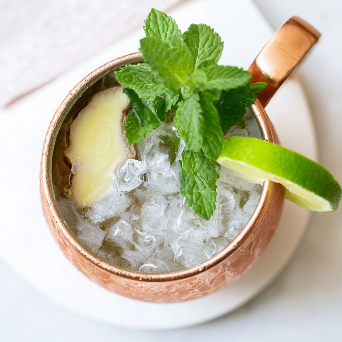 Copper mug filled with Virgin Moscow Mule featuring ice, fresh lime wedge, and mint garnish