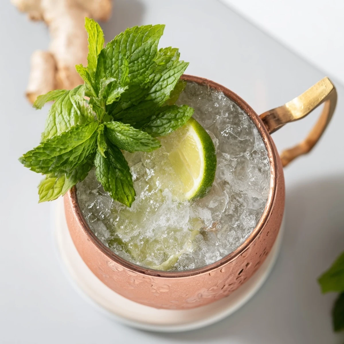 Refreshing Virgin Moscow Mule mocktail with ginger beer, lime juice, and mint leaves in copper mug