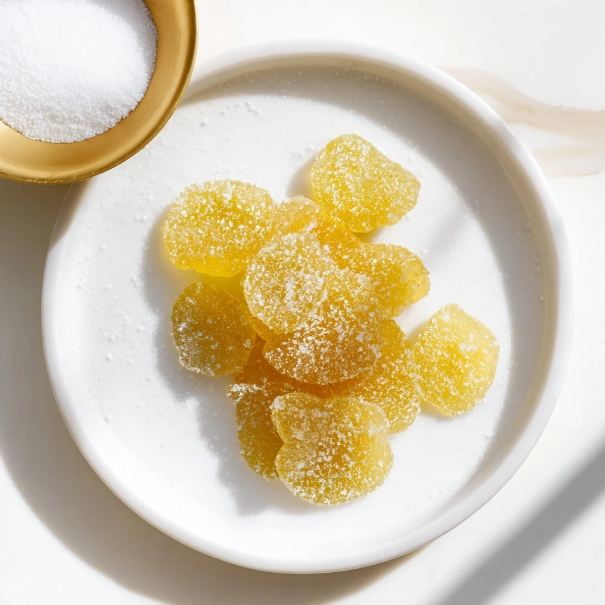 Translucent chewy candied ginger slices arranged neatly on a rustic wooden cutting board