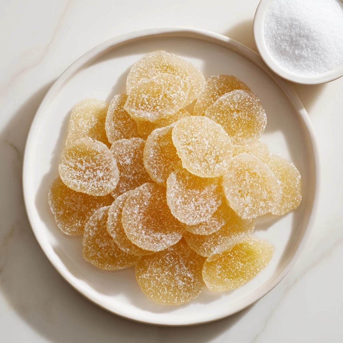 Homemade candied ginger pieces coated in sparkling white sugar on a dark background