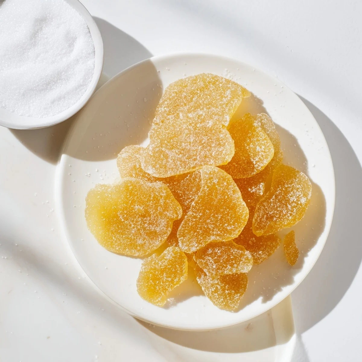 Golden sugar-crusted candied ginger piled in a small glass bowl with natural lighting