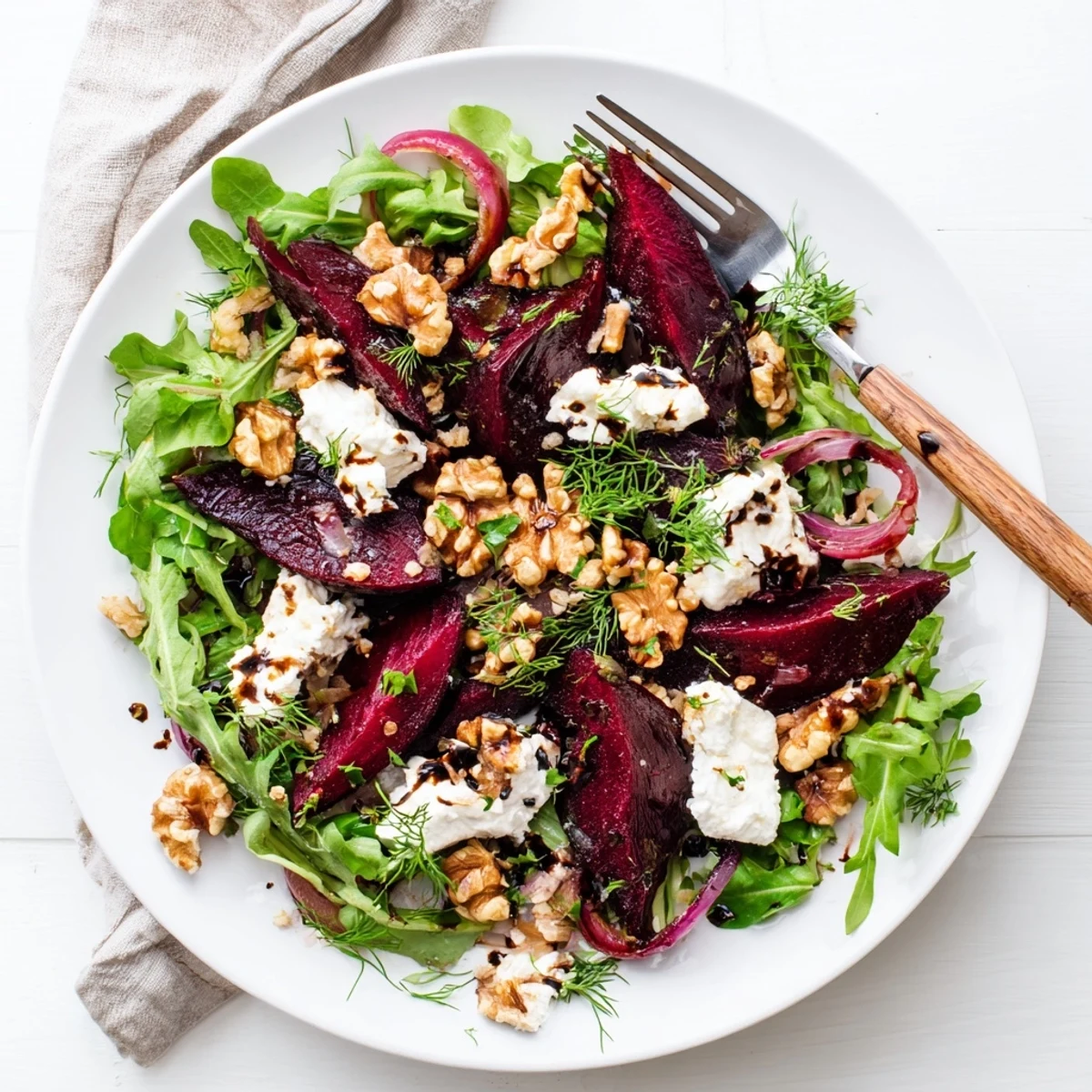 Colorful ultimate beet salad with roasted beets goat cheese and toasted walnuts on mixed greens