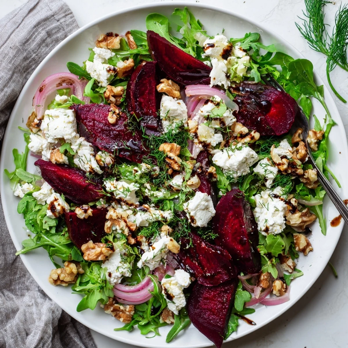 Vibrant ultimate beet salad featuring tender roasted beets arugula goat cheese and herb garnish