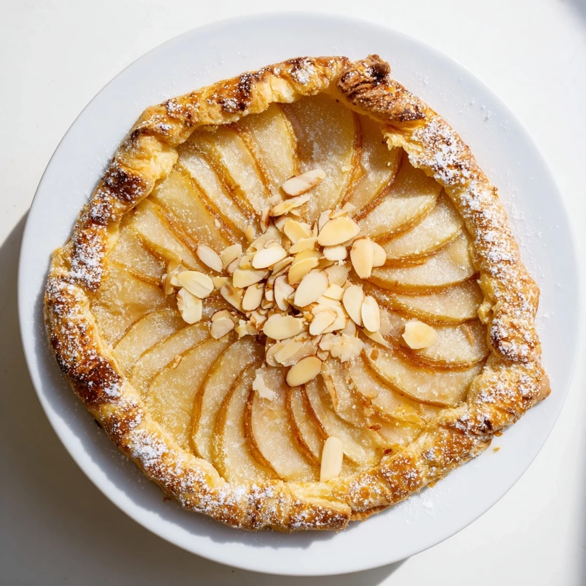 Buttery caramelized pear tarts with almonds dusted with powdered sugar on white plate