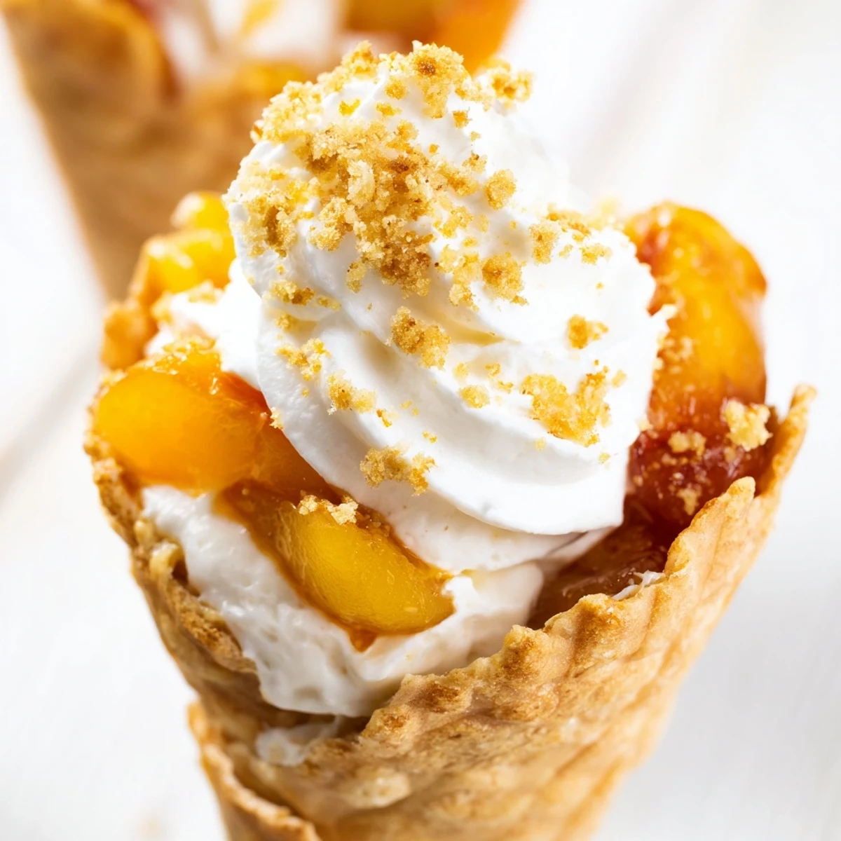 Golden peach cobbler cheesecake cones layered with spiced peaches and creamy filling inside crunchy waffle cones