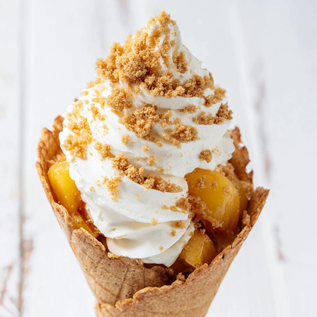 Handheld peach cobbler cheesecake cones topped with whipped cream and buttery graham cracker crumbs for summer parties