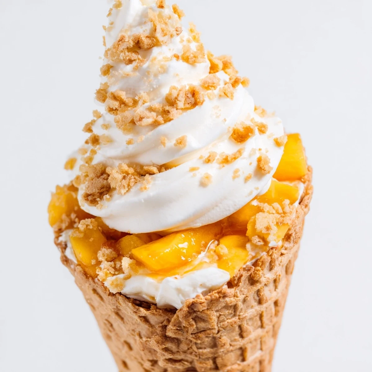 Crisp waffle cones filled with fluffy cheesecake mousse and cinnamon-spiced peach cobbler filling, a perfect American dessert