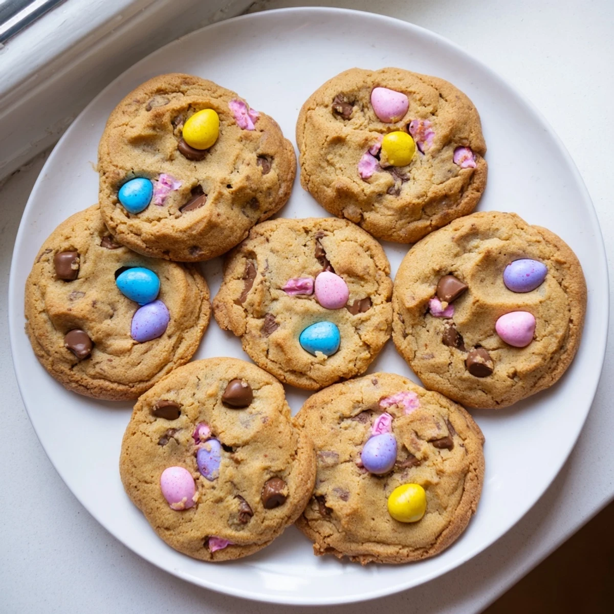 Golden mini egg cookies with colorful chocolate candies peeking from buttery dough