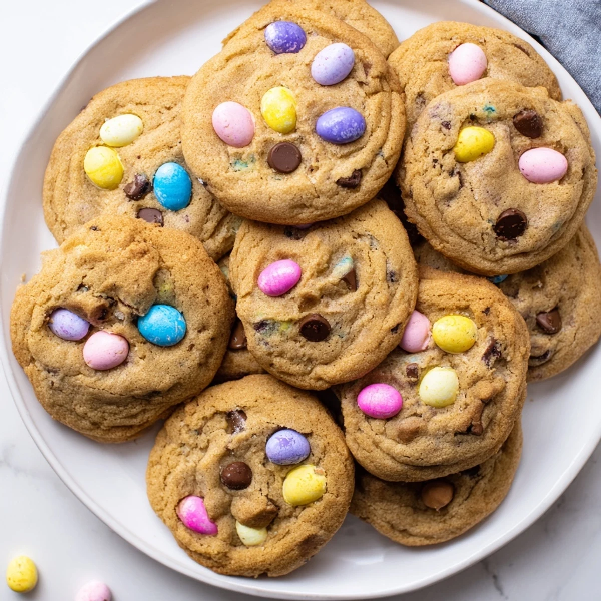 Freshly baked mini egg cookies featuring chopped colorful chocolate eggs and golden edges