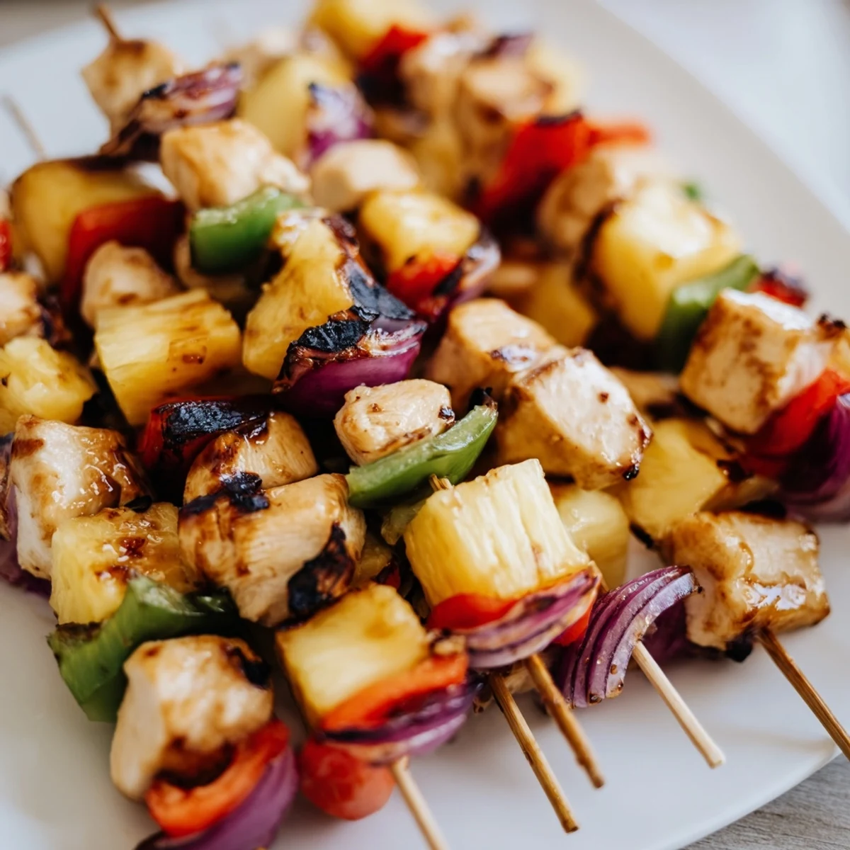 Juicy pineapple chicken kabobs with charred edges and vibrant red green peppers ready for barbecue