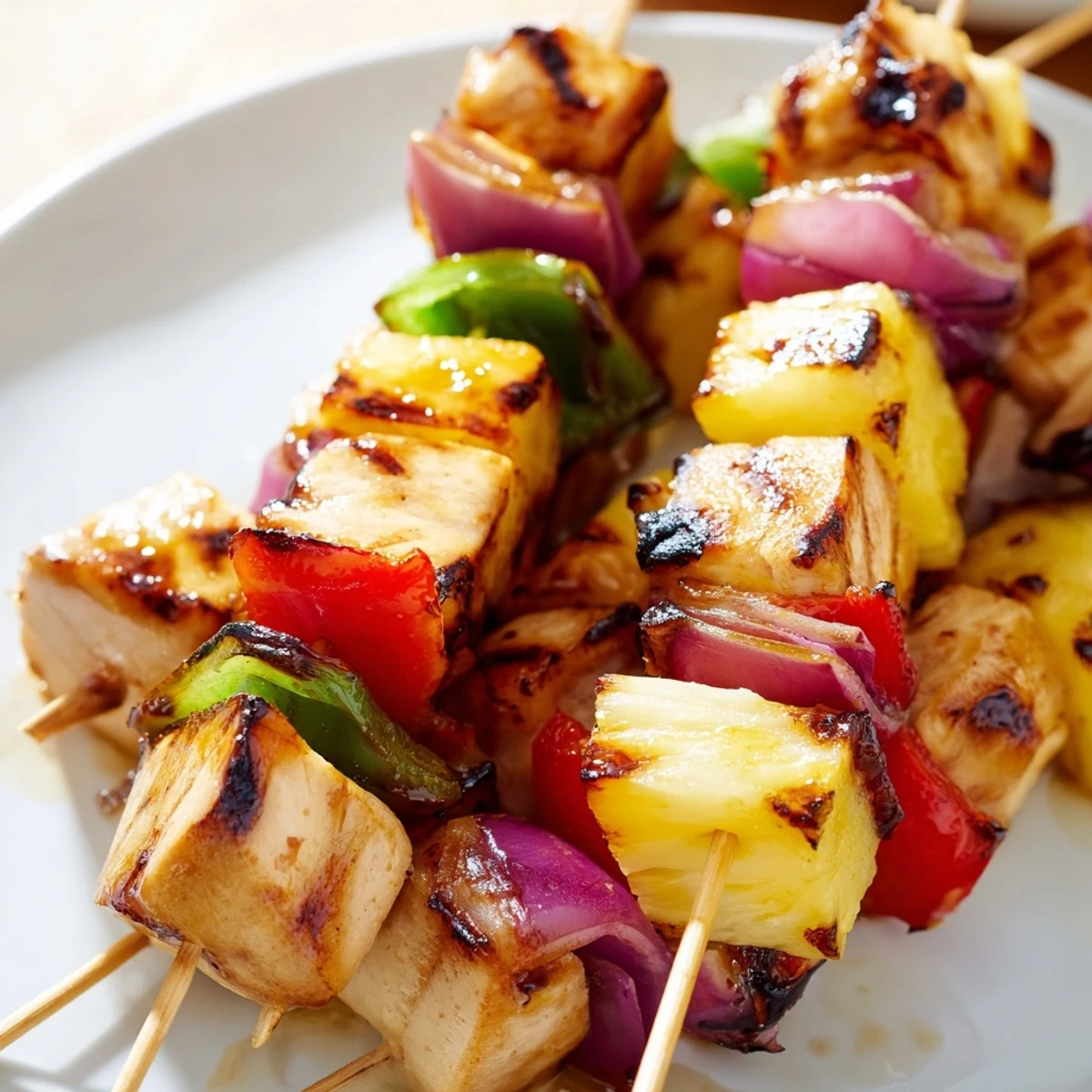 Grilled pineapple chicken kabobs featuring tender marinated meat and colorful bell peppers on skewers