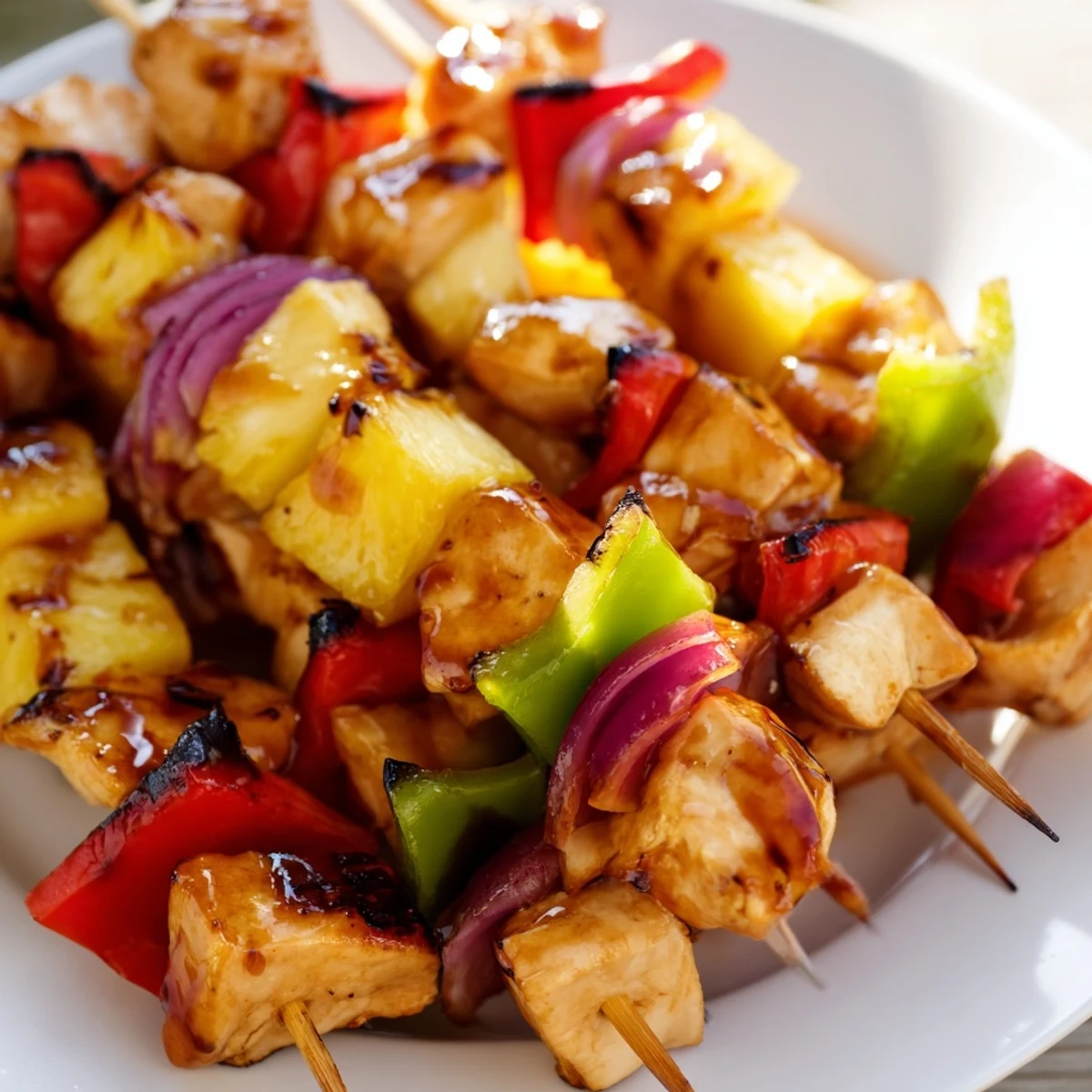 Golden pineapple chicken kabobs threaded with sweet fruit and savory glazed chicken on metal skewers