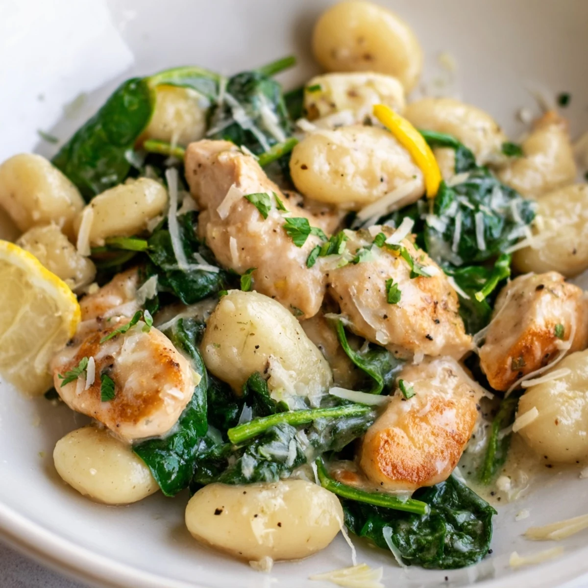 Golden brown chicken and pillowy gnocchi in a creamy lemon garlic skillet sauce