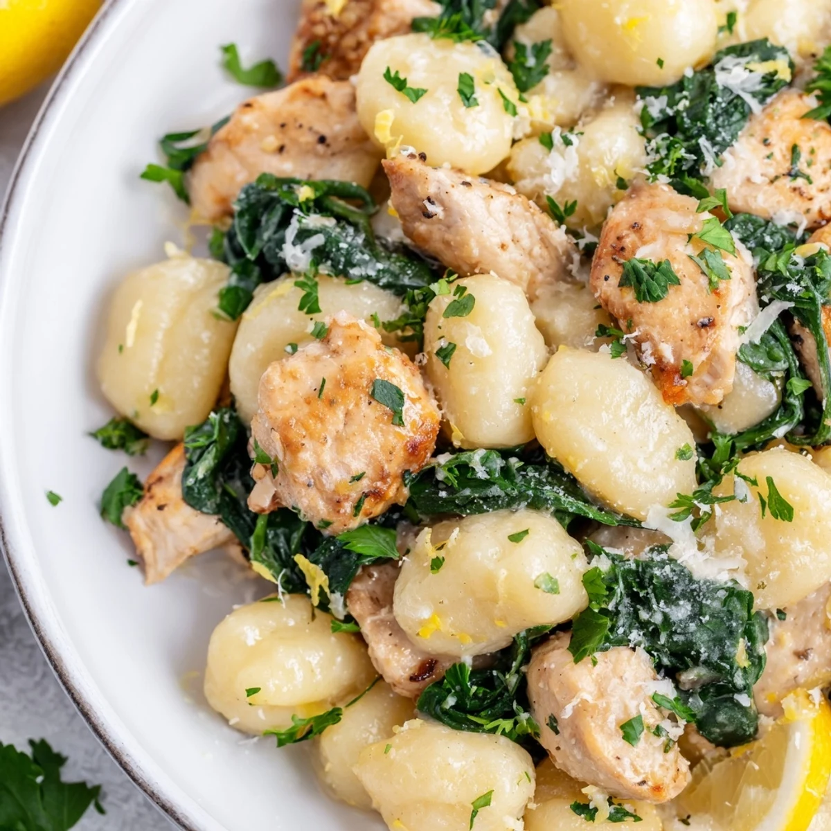 Tender chicken pieces with potato gnocchi swimming in bright lemon cream sauce