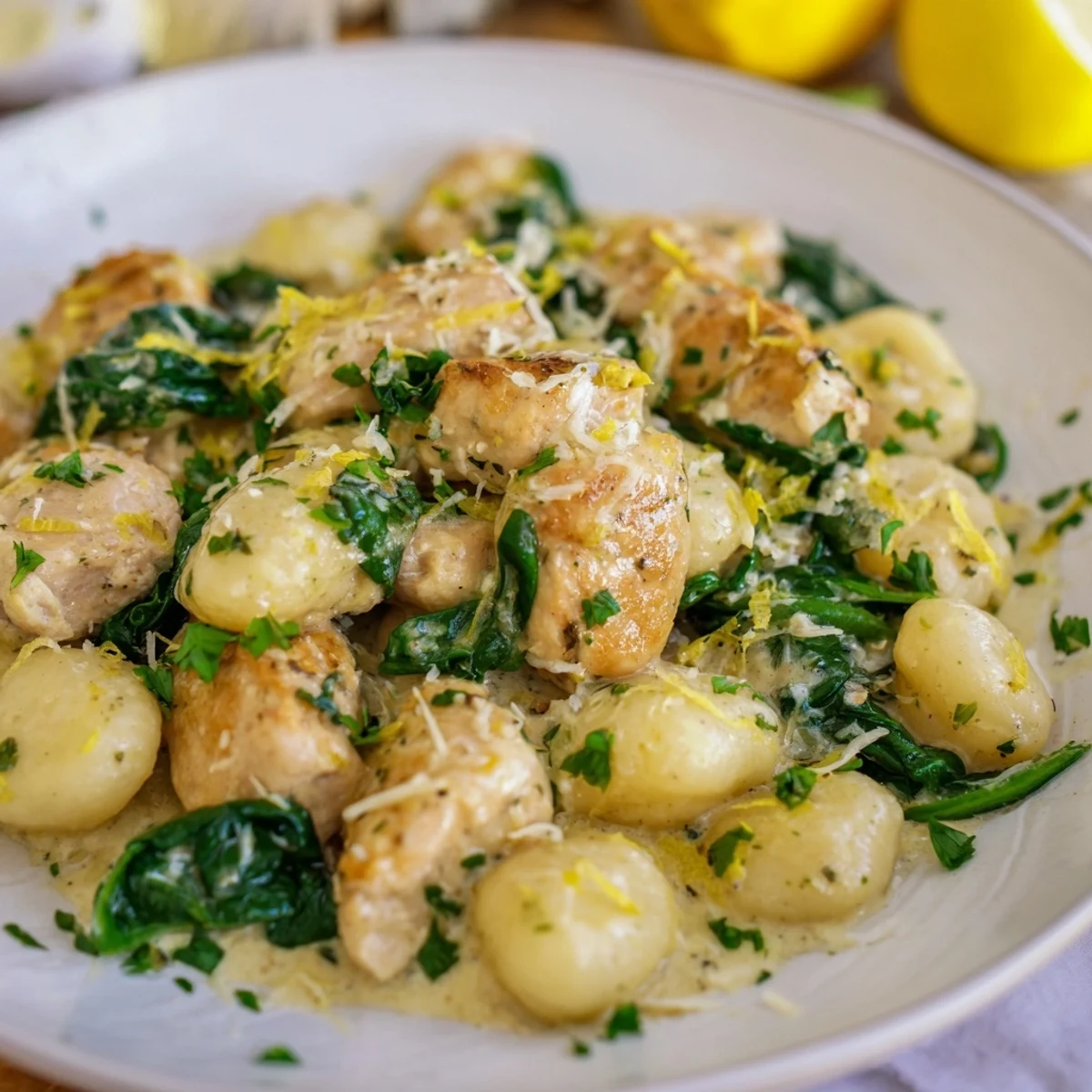 Vibrant one pan lemon chicken gnocchi topped with fresh parsley and wilted spinach