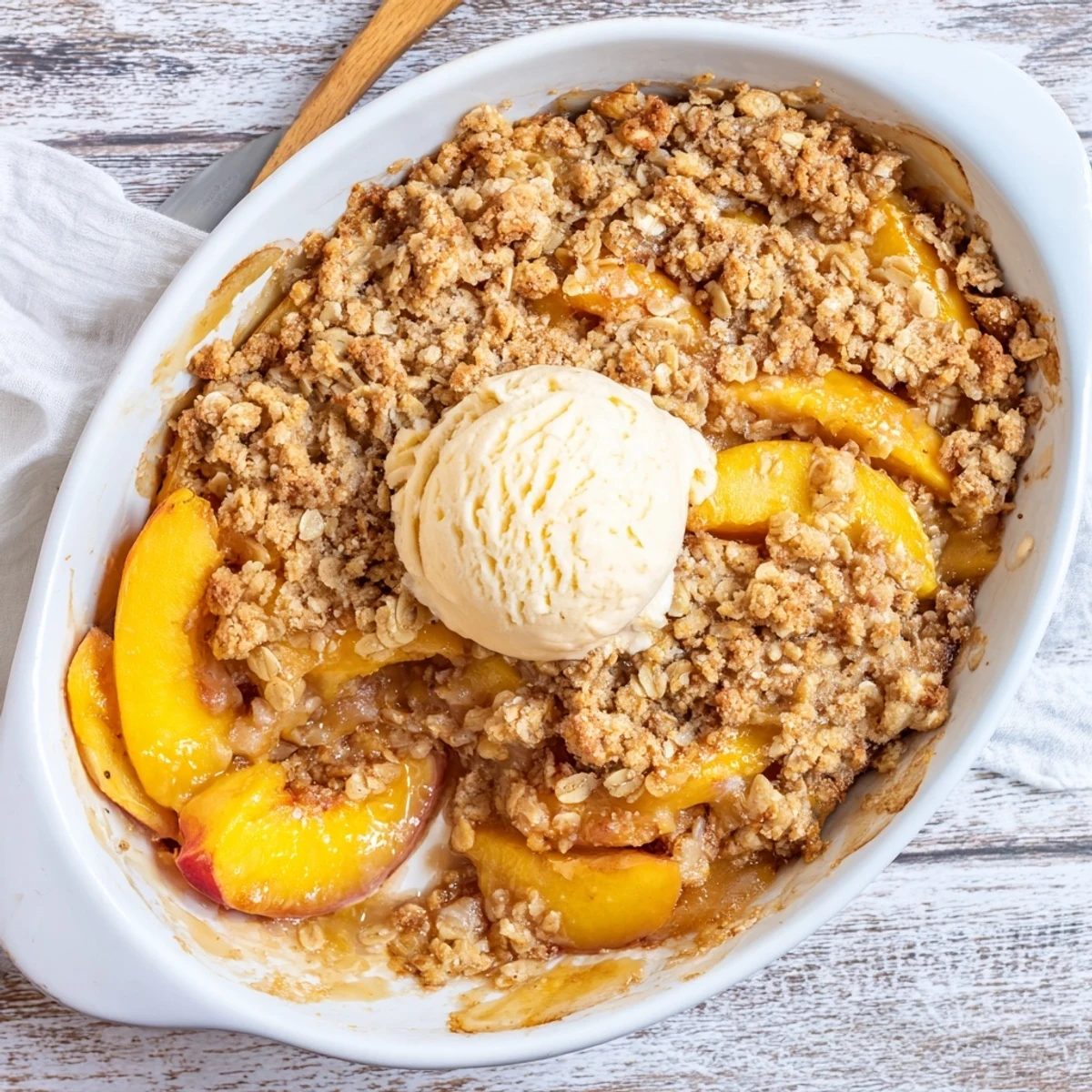 Warm baked cinnamon spiced peach crumble served in a white dish with vanilla ice cream