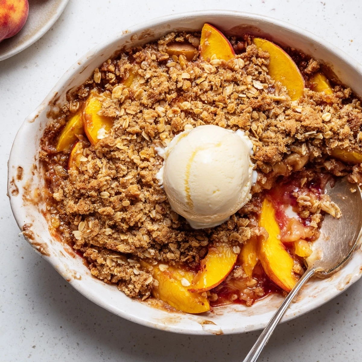 Golden brown cinnamon spiced peach crumble bubbling fresh from the oven with juicy fruit filling